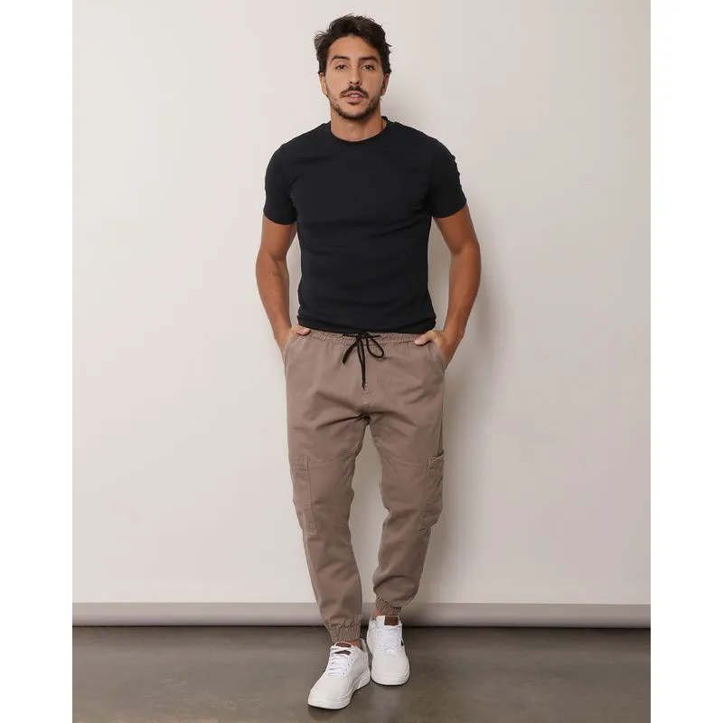 Calça Sarja Masculina Jogger Bolso Cargo Marrom GG