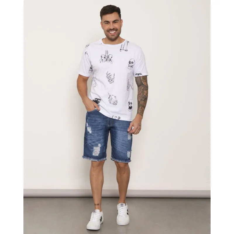 Bermuda Jeans Masculina Destroyed Barra Desfiada Azul 44