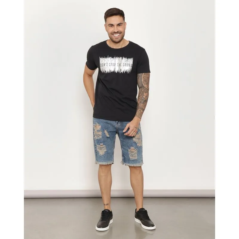 Bermuda Jeans Masculina Destroyed Barra Desfiada Azul 46