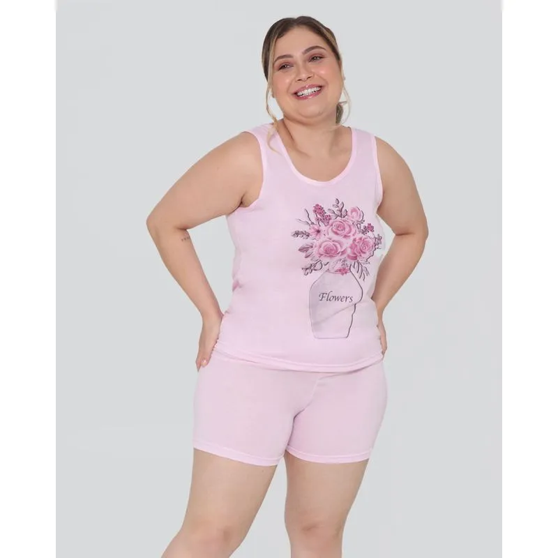 Pijama Feminino Plus Size Regata Estampa Flores Rosa M