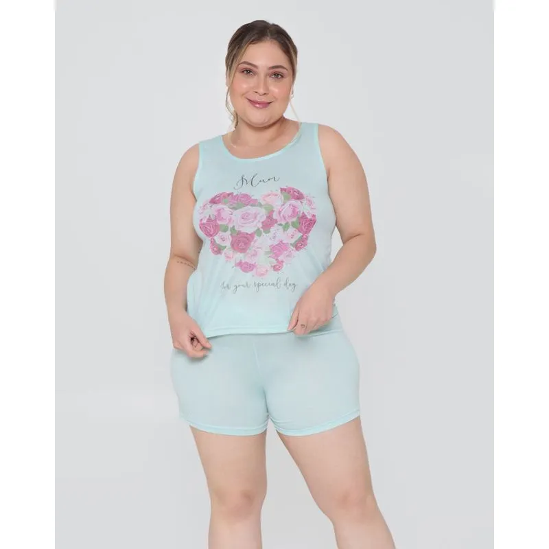 Pijama Feminino Plus Size Regata Estampa Flores Verde M