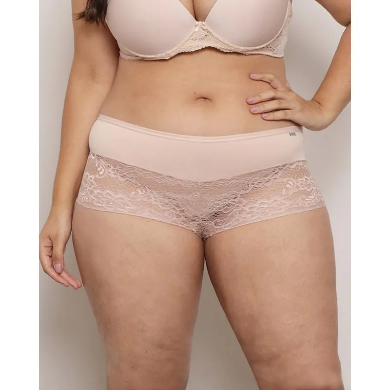 Calcinha Plus Size Feminina Caleçon Com Renda Bege 48