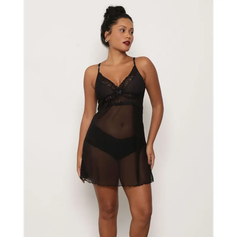 Camisola Feminina Tule E Renda Alcinha Preta P
