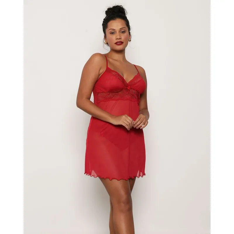 Camisola Feminina Tule E Renda Alcinha Vermelha M