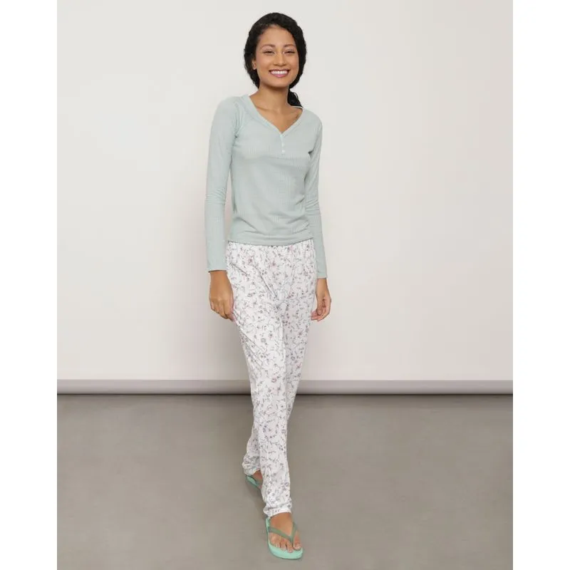 Pijama Feminino Longo Canelado e Floral Verde M