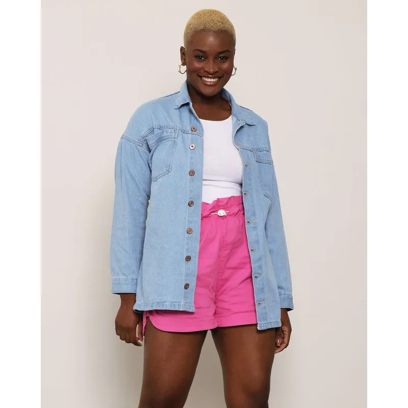 Camisa Jeans Feminina Oversized Com Bolso Azul Claro GG