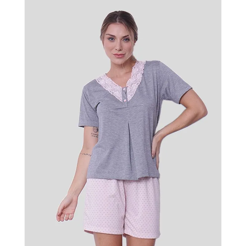 Pijama Feminino Estampa Bolinhas Mescla Claro GG