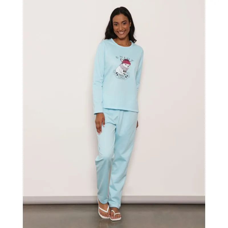 Pijama Feminino Longo Moletinho Flanelado Estampa Azul G