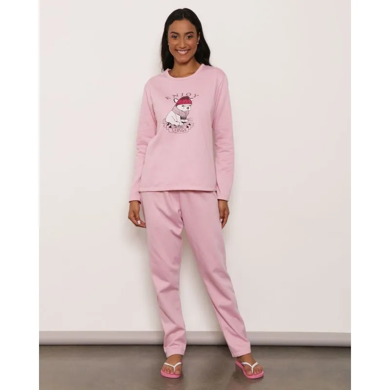 Pijama Feminino Longo Moletinho Flanelado Estampa Rosa P