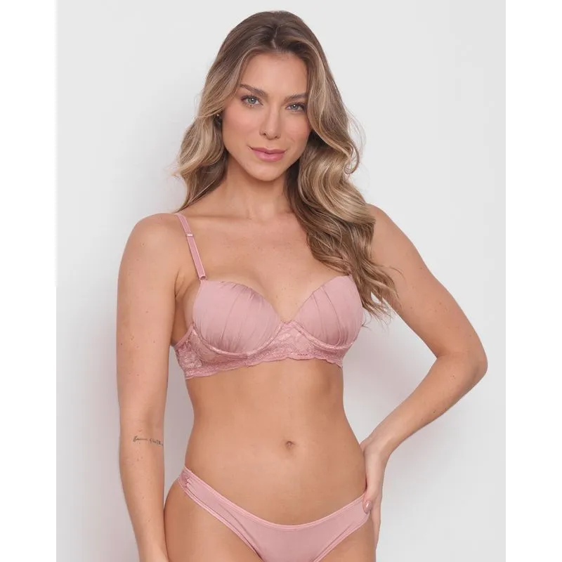 Sutiã Feminino Base Bojo Bolha Drapeado e Renda Rosa 44
