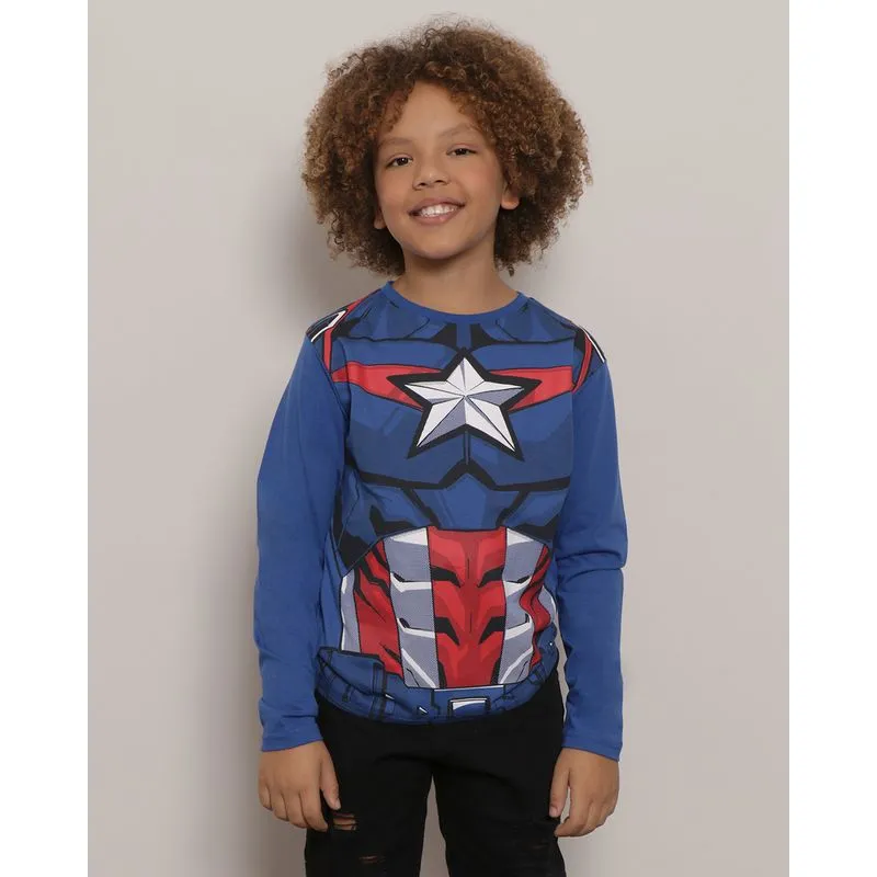 Camiseta Infantil Manga Longa Capitão América Marvel Azul 10