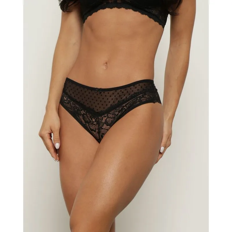 Calcinha Feminina Caleçon Renda e Tule com Poá Preta GG