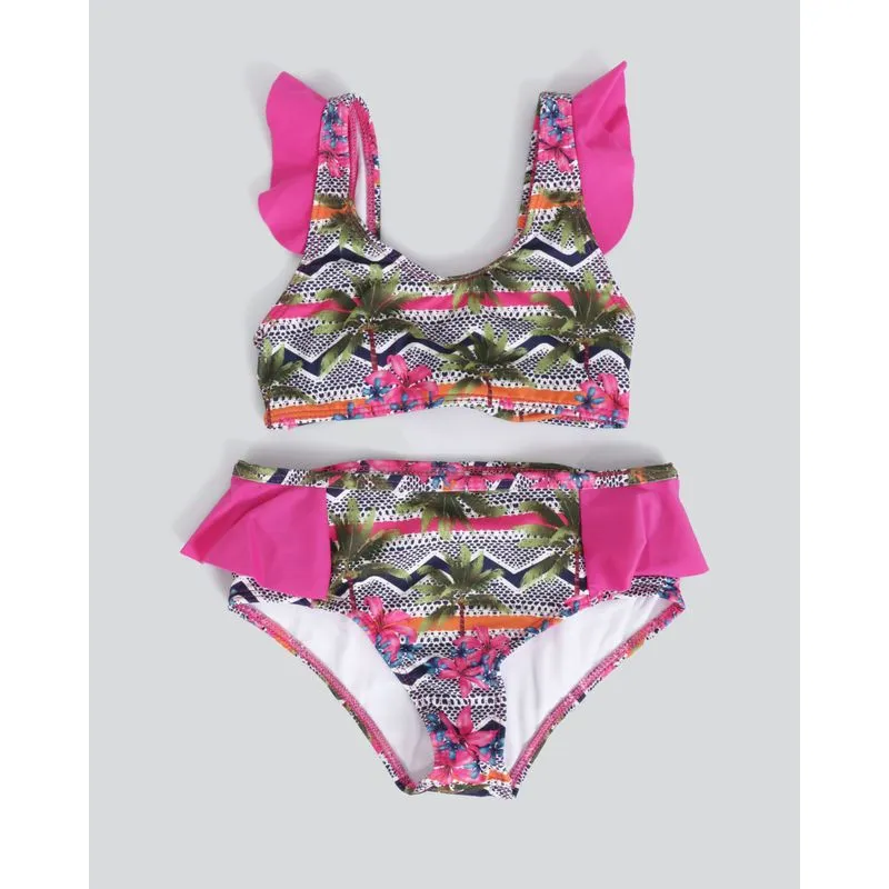 Biquíni Conjunto Infantil Estampa Tropical Babado Rosa 4