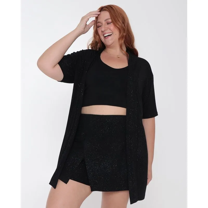 Kimono Feminino Plus Size Brilho Preto G1