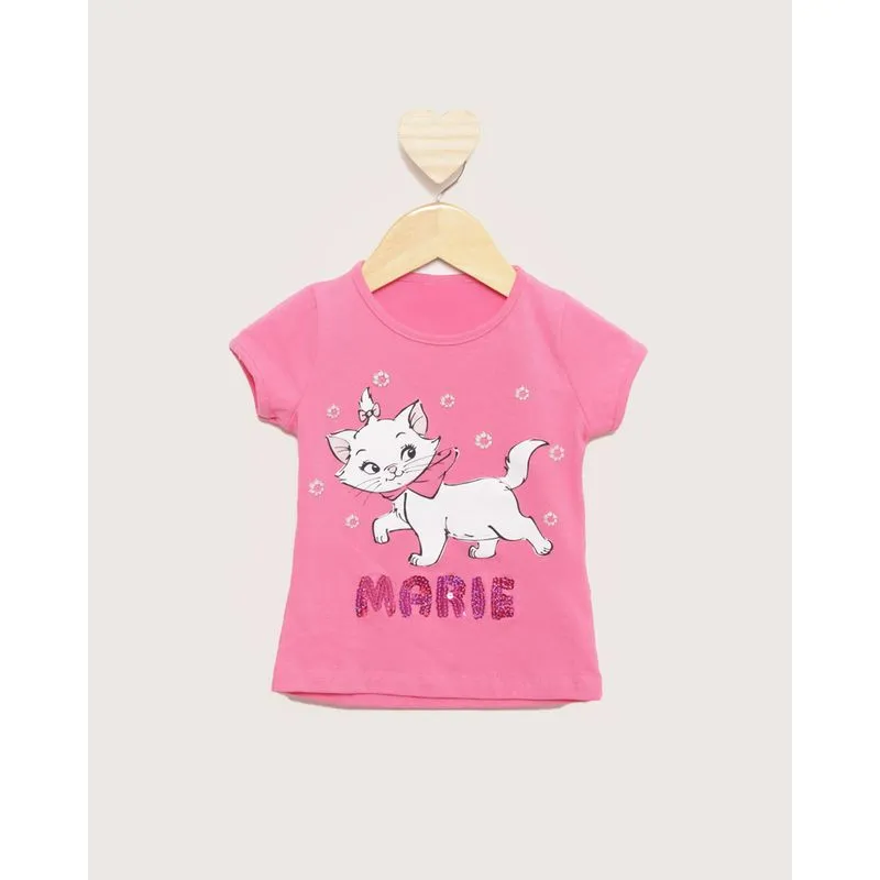 Camiseta Bebê Disney Marie com Paetê Manga Curta Rosa 2