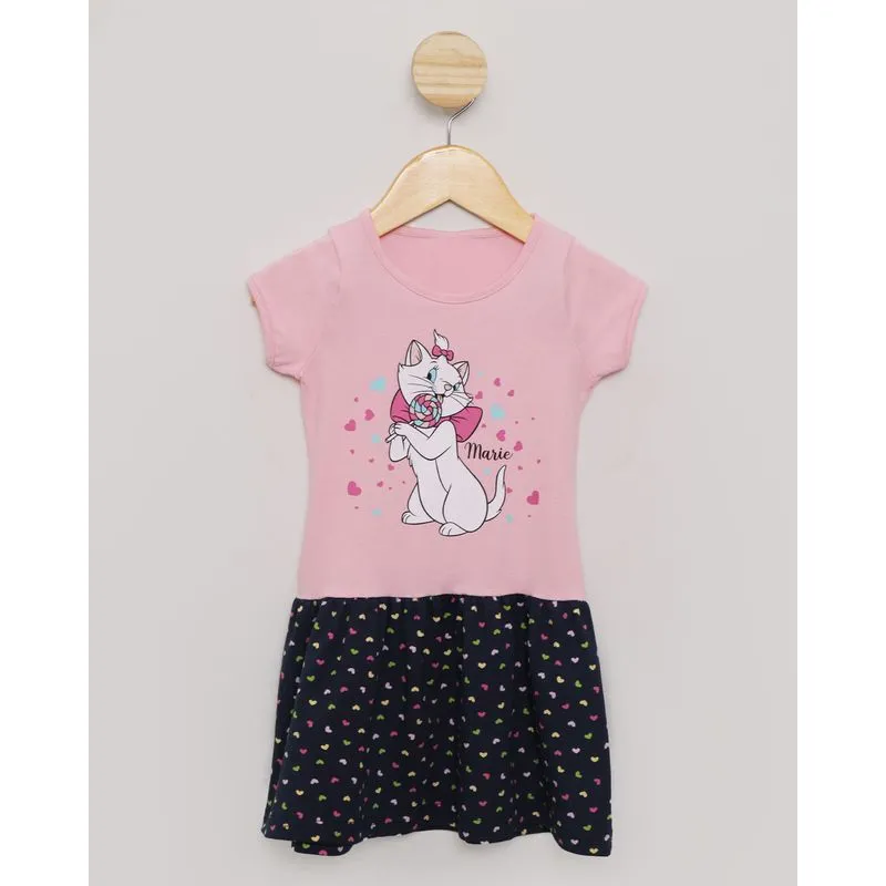 Vestido Bebê Manga Curta Disney Estampa Gata Marie Rosa 3