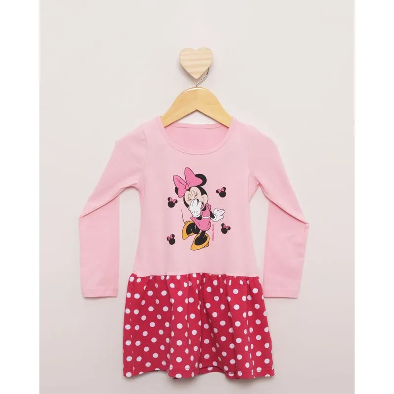 Vestido Bebê Minnie Disney Manga Longa Estampa Rosa Claro 1