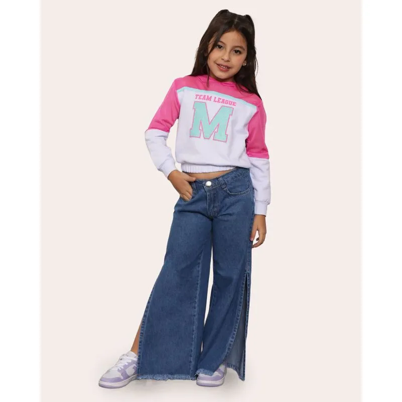 Calça Jeans Infantil Wide Leg Fenda Azul 4