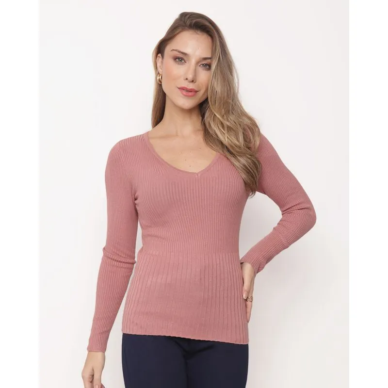 Suéter Feminino Tricô Gola V Rosa G