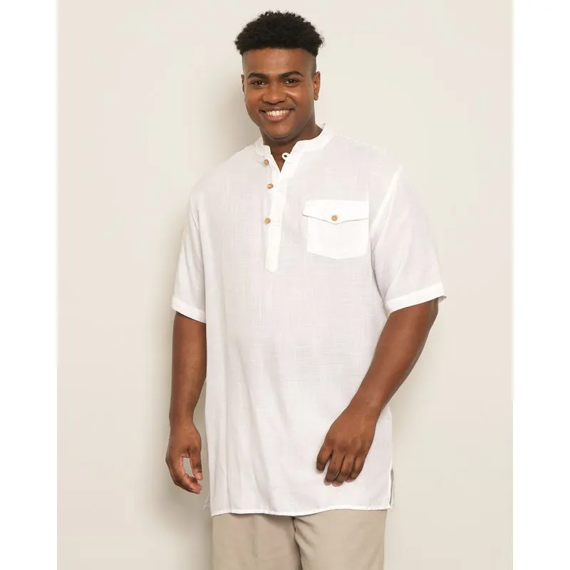 Bata Plus Size Masculina Manga Curta Linho Com Bolso Branca G1