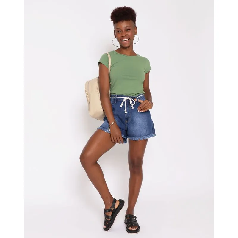 Short Jeans Feminino Cordão Barra Desfiada Azul 40