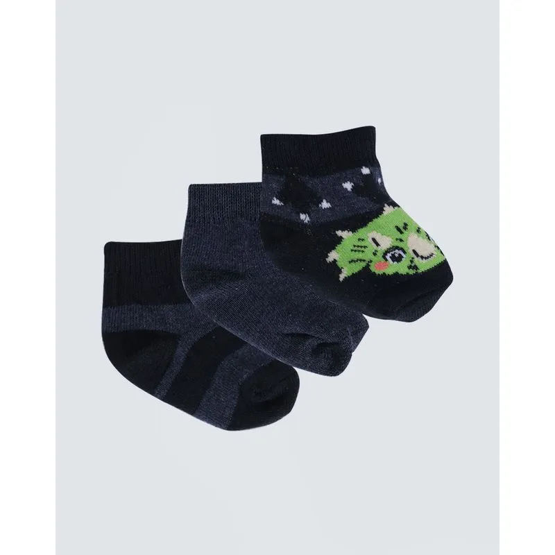 Kit Meia Bebê 3 Pares Dinossauro Preto Marinho 16 A 18