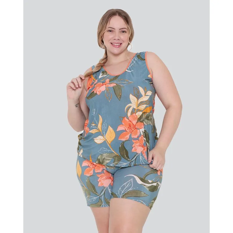 Short Doll Feminino Plus Size Liganete Floral Laranja 50