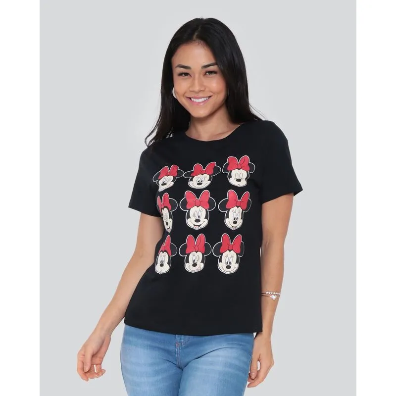 Camiseta Feminina Algodão Disney Minnie Manga Curta Preto M