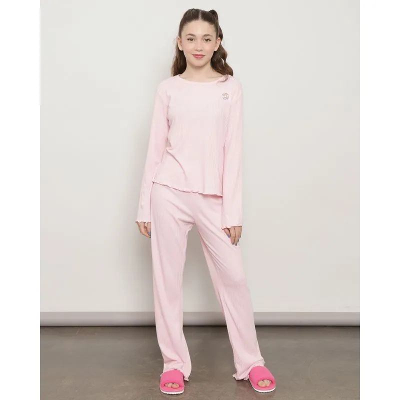 Pijama Juvenil Longo Canelado Frufru Rosa 12