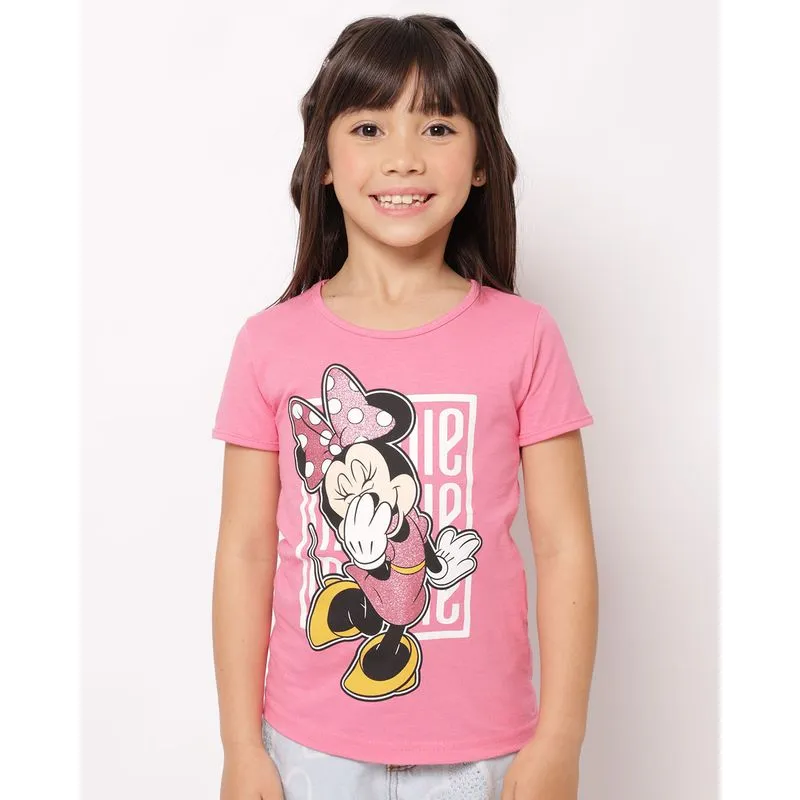 Camiseta Infantil Algodão Disney com Glitter Manga Curta Rosa 10