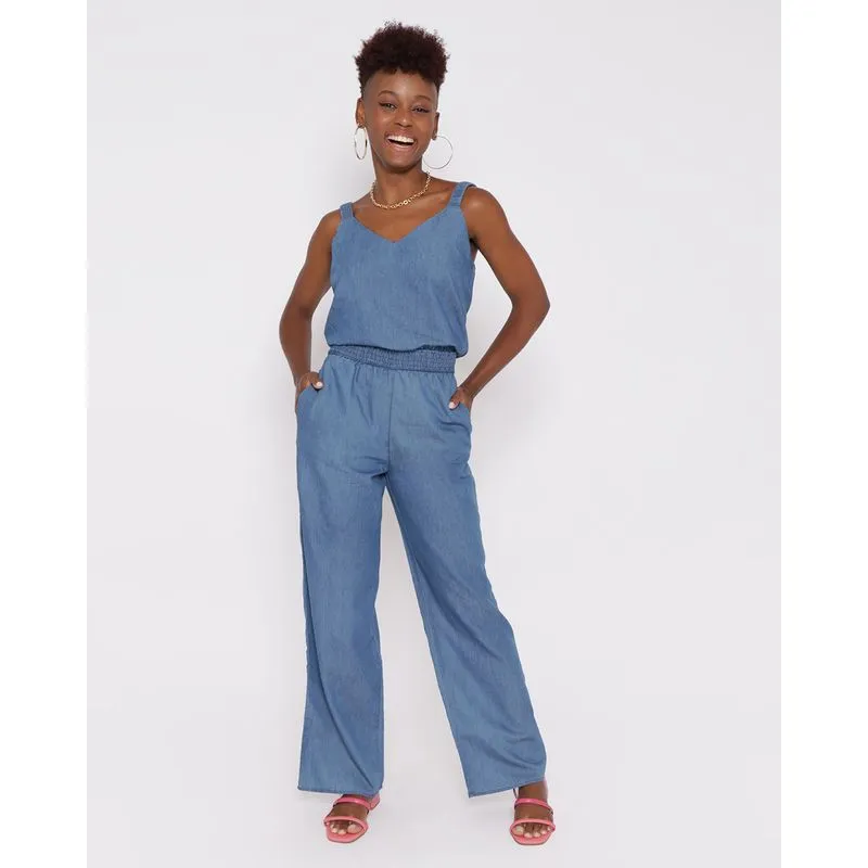 Calça Jeans Feminina Pantalona Com Elástico Azul G