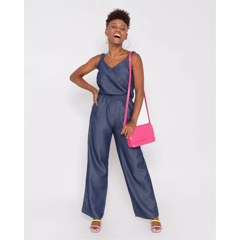 Calça Jeans Feminina Pantalona Com Elástico Azul Escuro P