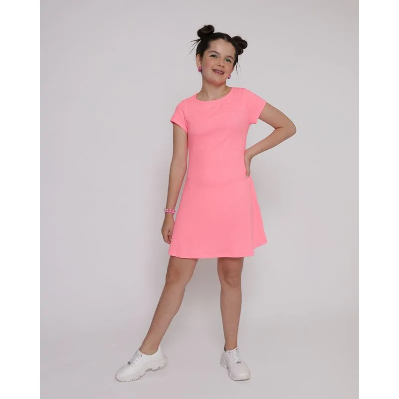 Vestido Juvenil Canelado Bordado Corações Rosa Neon 12