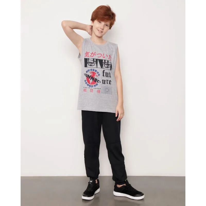 Calça Moletom Jogger Juvenil Com Recortes Preta 10