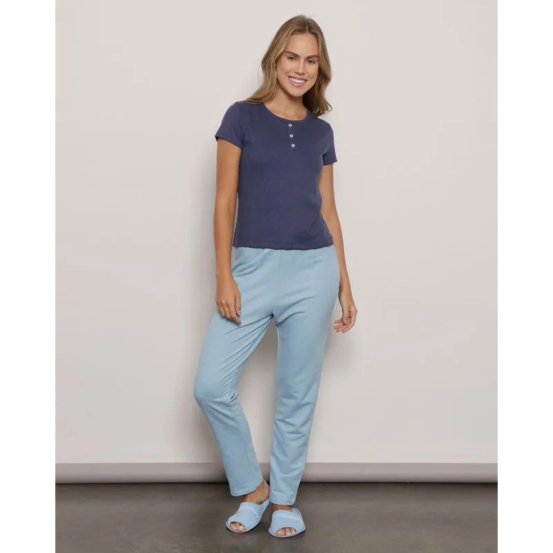 Calça Pijama Feminina Moletinho Reta Mescla Azul Claro P