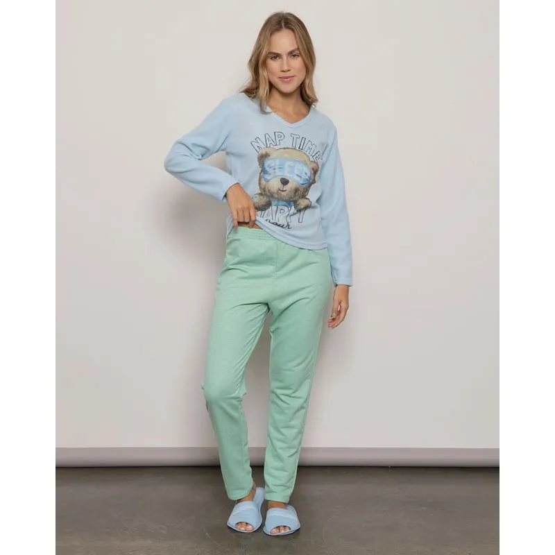 Calça Pijama Feminina Moletinho Reta Mescla Verde Claro M