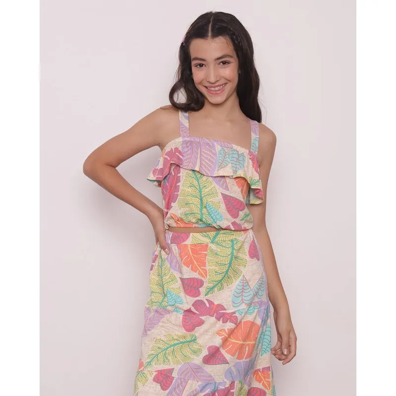 Blusa Juvenil Alça Estampada Floral Bege 10