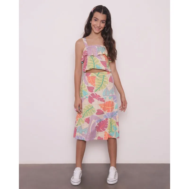 Saia Juvenil Evasê Com Babado Floral Laranja 16