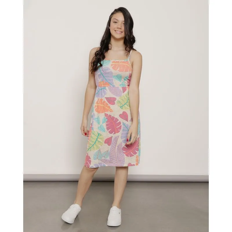 Vestido Juvenil com Alcinhas Estampado Folhagens Bege 10