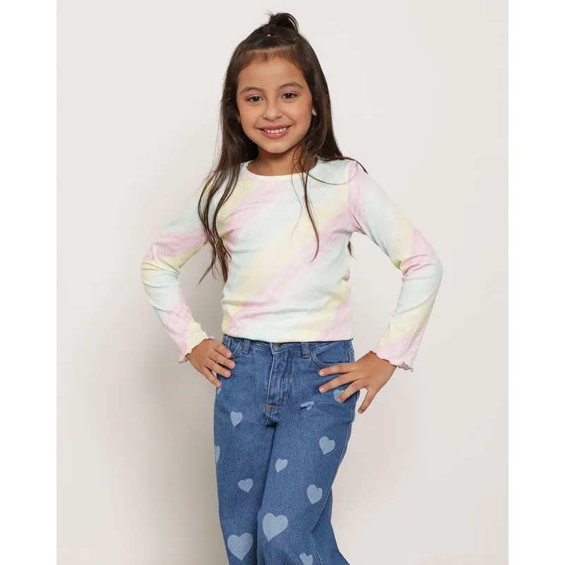 Blusa Infantil Manga Longa Listras Coloridas Frufru Rosa 6