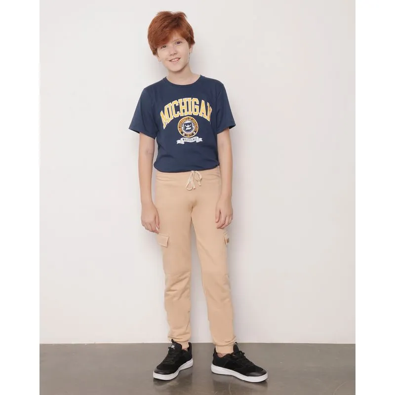 Calça Moletom Juvenil Jogger Cargo Bege 14