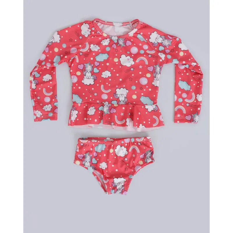 Conjunto Bebê Praia UV 50+ Estampa Unicórnio Vermelho 2