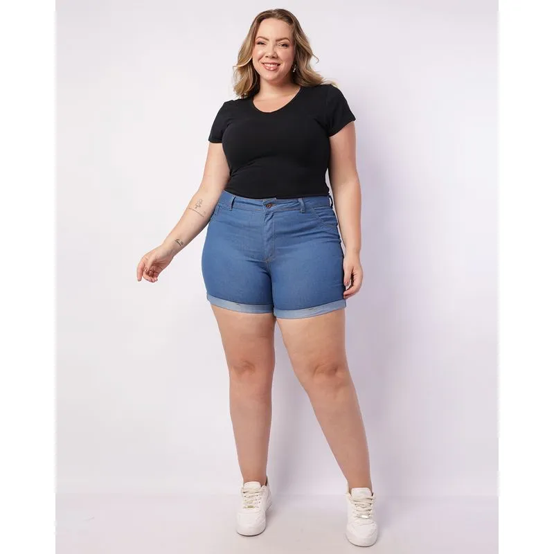 Short Jeans Plus Size Feminino Barra Dobrada Azul 46