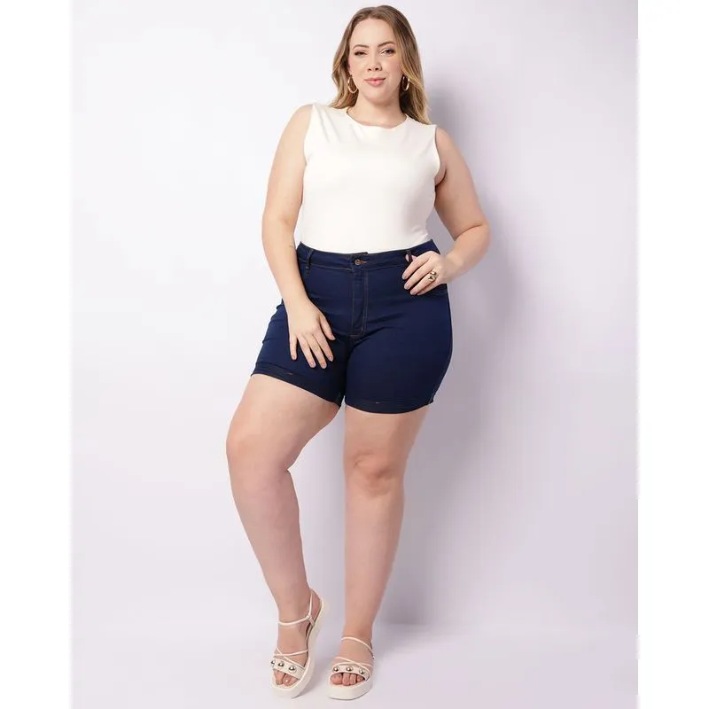 Short Jeans Plus Size Feminino Barra Dobrada Azul 52