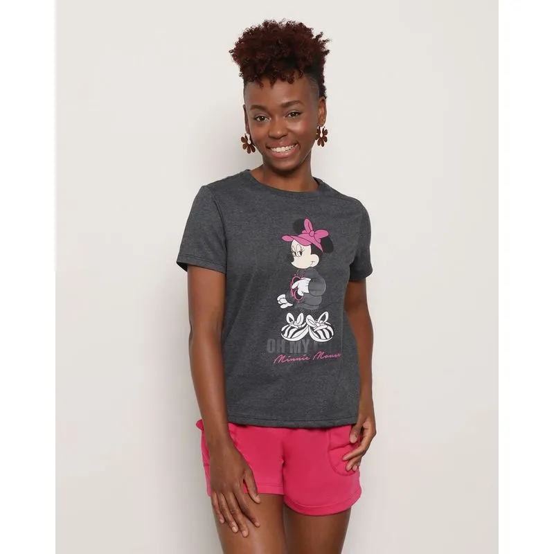 Camiseta Feminina Disney Minnie Manga Curta Cinza M