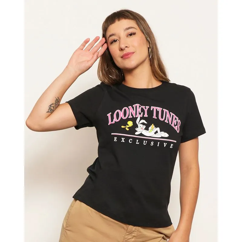 Camiseta Feminina Warner Looney Tunes Manga Curta Preta M