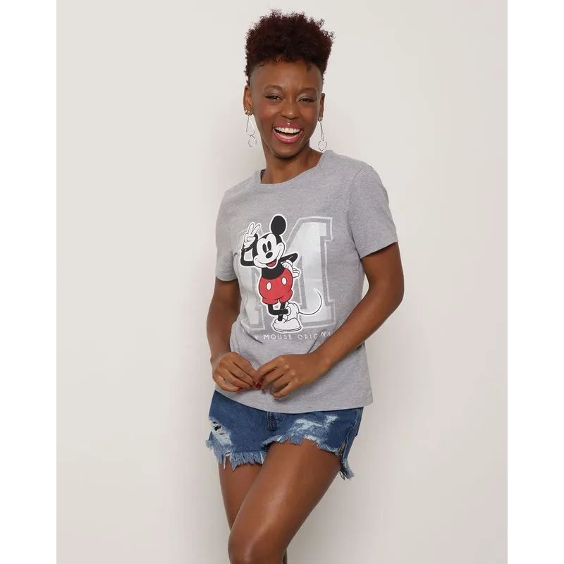 Camiseta Feminina Disney Mickey Manga Curta Cinza P