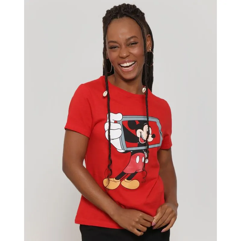 Camiseta Feminina Algodão Disney Mickey Manga Curta Vermelha GG