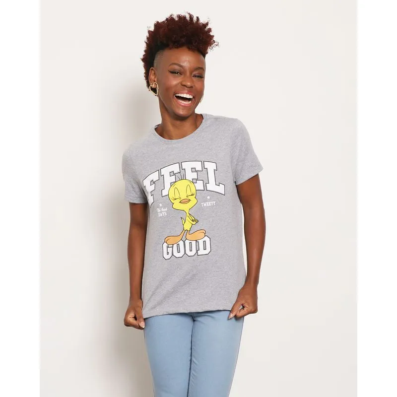 Camiseta Feminina Manga Curta Estampa Piu Piu Warner Cinza GG