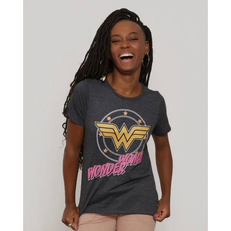 Camiseta Feminina Mulher Maravilha Manga Curta Cinza P